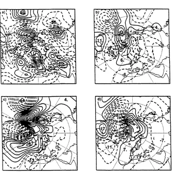 Figure 4.11. a); observed stream function tendency between 22 and 26,February 1991. b): tendency reconstructed using the first 5 singular vectors from 22 February, c): singular vector 1 at final time (stream function), d): singular vector 2 at final time