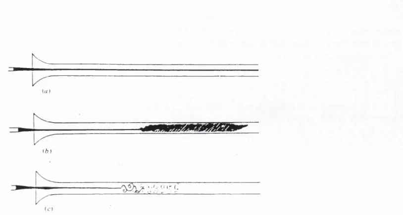 Figure 1.1. (a): lam inar flow in a pipe; (b): transition to turbulent flow in a pipe; (c): 