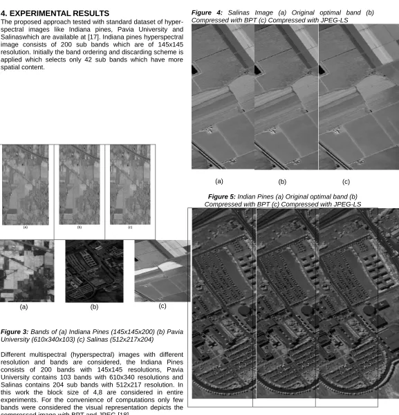 Figure 6:  Pavia University (a) Original optimal band (b) Compressed with BPT (c) Compressed with JPEG-LS  