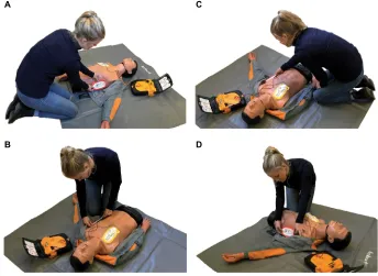 Figure 1 rescuer sitting on the left and right sides of a manikin.Note: sitting on the left (A and B) side of the manikin may provide easier access to the left lateral side of the patient and result in correct AED electrode placement when compared to sitting on the right (C and D) side.Abbreviation: AED, automated external defibrillator.