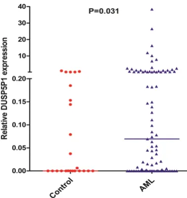 Figure 1. Relative expression levels of DUSP5P1 in AML and controls.