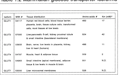Table 1.2 Mammalian glucose transporter isoforms