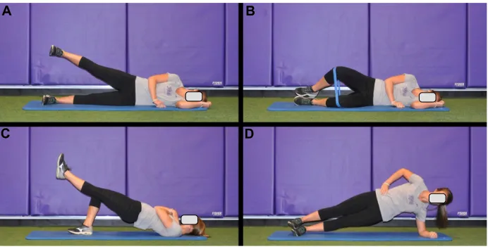 Figure 2 Common non-weight-bearing exercises.Notes: (A) Side-lying hip abduction. (B) Side-lying clam with resistance