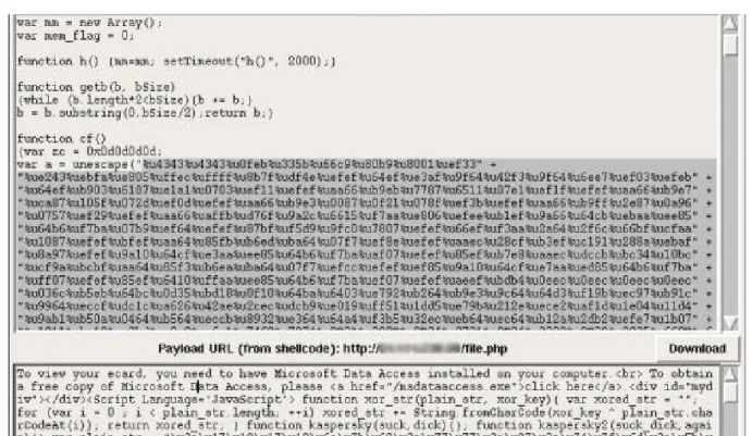 Figure 4: Snapshot of JSXor-Gen script used in Dorf attack (top pane: decrypted script,  bottom pane: original script)