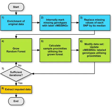 Figure 1Flow chart of algorithm 1. Algorithm 1 proceeds asfollows: 1) enrich data; 2) mark missing and undefinedgenotypes; 3) roughly replace missing values; 4) grow forest;5) calculate sample proximities; 6) update former missingvalues using proximities; 7) repeat Steps 4-6 several times;8) extract imputed original data.
