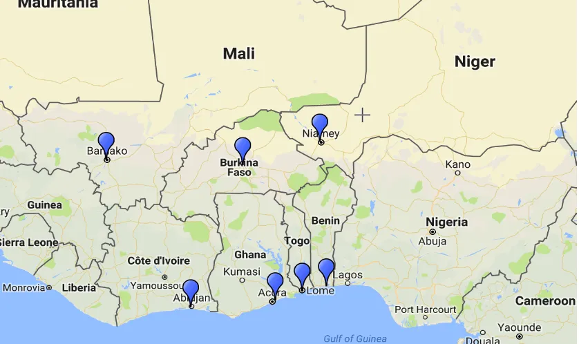 Figure 1: Specific locations of gateway ports and LLCs in West Africa 