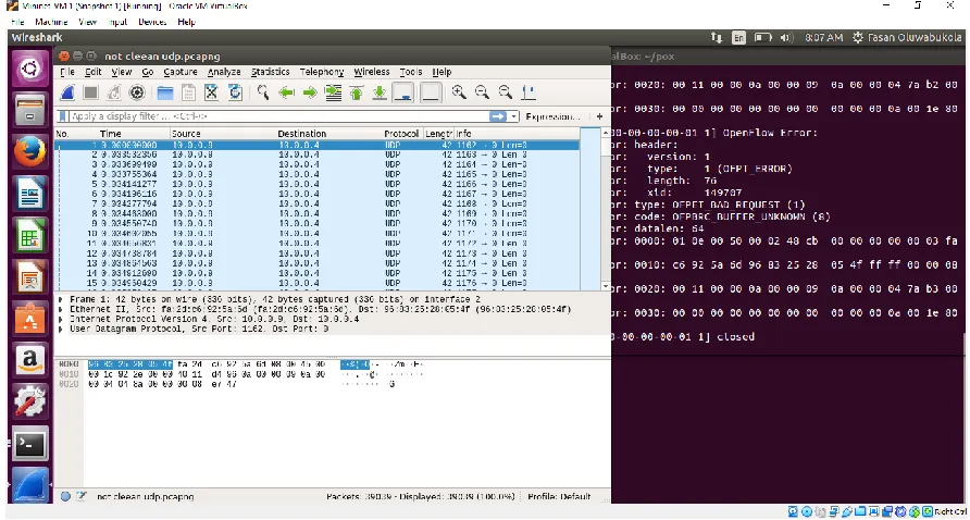 Figure 10.0 shows how Wireshark is used to capture the UDP attack packets with a spoofed source IP address from software defined network and also store the packets as PCAP file