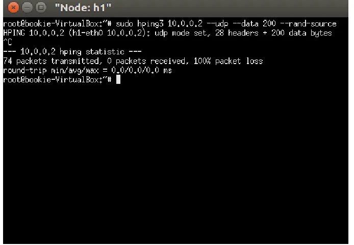 Figure 12.0 shows how wireshark is used to captured the UDP normal attack packets being sent from host1 to host 2 from software defined network and also store the packets as PCAP file  