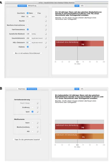 Figure S1 TTe interface of Arriba decision aid.Notes: (A) Medical history-taking. On the left, parameters of medical history must be filled in (top to bottom): sex, age, smoking status, presence of manifest arteriosclerosis, positive family history, taking