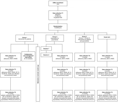 Figure 1 Flowchart of MAPDep study procedures.Notes: *Patients: Demographic data, history of depression, depression health status, DAI-10, MHlc-c, HPrS, cPS, BMQ, adherence, BDI-II, HADS, SF-12, EQ-5D-5l; healthcare utilization and productivity losses (col