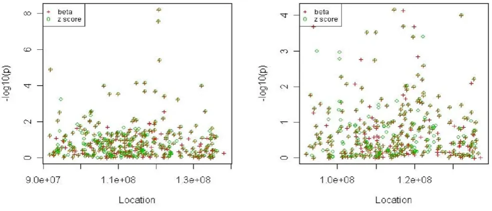 Figure 2p-dominant model (right panel)Values of the top 300 SNPs selected by b or z scores (single-SNP analysis): additive model (left panel) and.