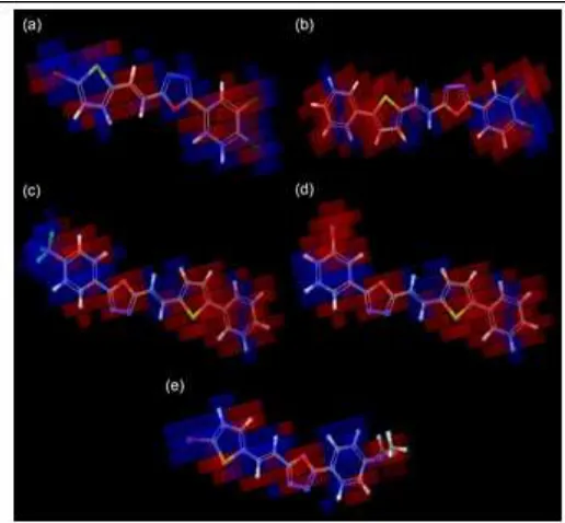 Figure 3d. As shown in Figure 3e, a red color contour was observed at 5 position of thiophene ring, the presence of phenyl group at this position drastically reduced the anti-