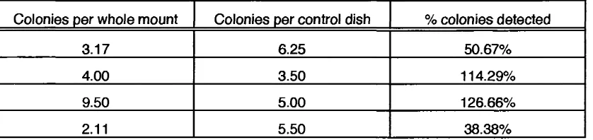 Table 1: Efficiency of detection of colonies by the whole mount method, 4 