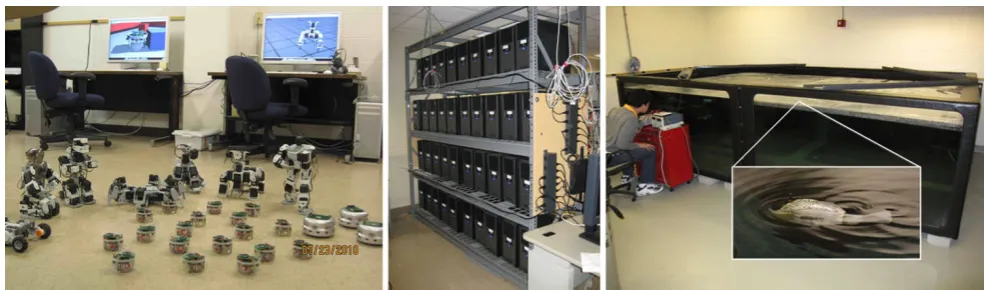 Fig. 1 Components of Evolution Park testbed: (left) collection of ter-restrial microrobots and interactive simulation cluster; (center) rack-mounted parallel computing platform for evolution runs and behavior