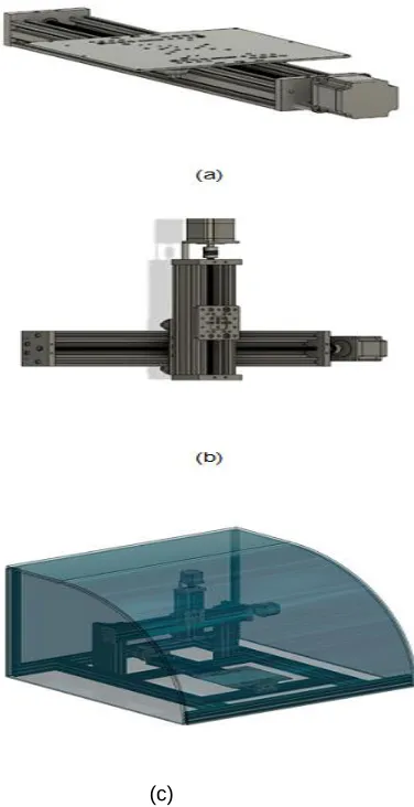 Fig. 1 (c) . a) The rail for the Y-axis; b) The rails for the X/Z axis combined; c) the overall framework of the proposed PCB milling machine