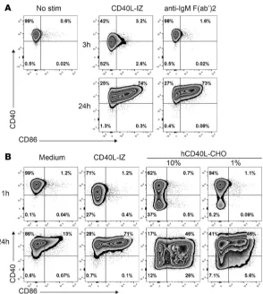 Figure 4. Rapid downregulation of surface CD40 in B cells activated by CD40 ligand (CD40L).in medium only, with CD40L-IZ, or with 1% or 10% of CHO cells stably transfected with human Numbers on zebra plots represent percentages of cells in each quadrant