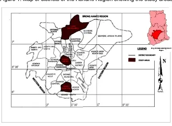 Figure 1: Map of districts of the Ashanti Region showing the study areas 