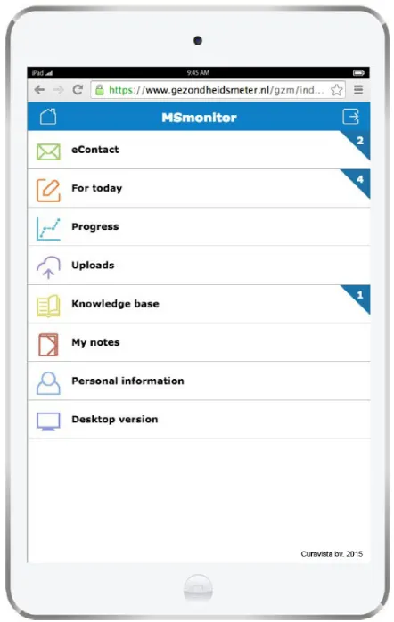 Figure 1 screenshot of Msmonitor patient dashboard for iOs and Android smart phones.
