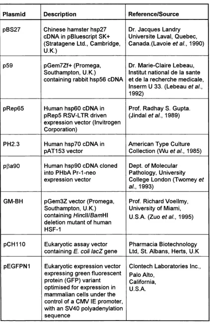 Table 2.1 - DNA Plasmids
