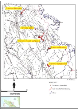 Fig.2.1  Map of the traverse and location of the observation in the research area, part of North Sumatra, and Aceh
