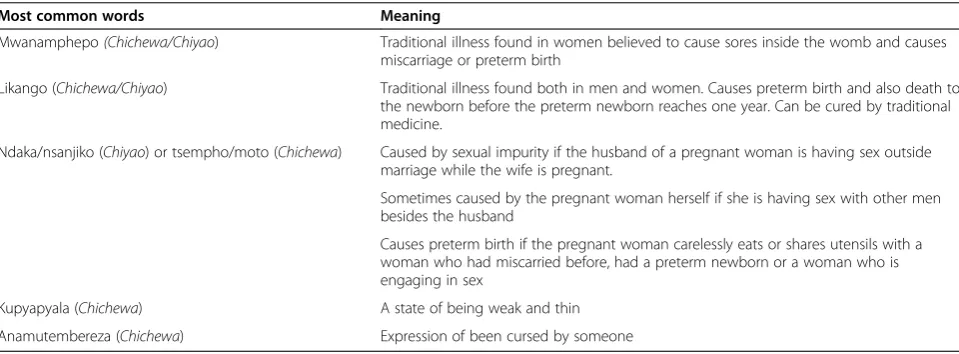 Table 3 Definitions of vernacular terms related to perceived causes and care of preterm baby