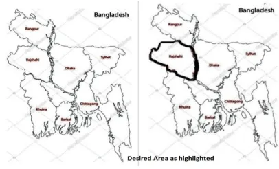 Fig 2.1: Rajshahi is highlighted in the map of Bangladesh as the study area 