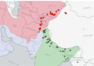 Figure 7. Distribution of herbarium specimens. Red circles: var. asperrima; green triangles: var
