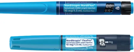Figure 1 Norditropin® Flexpro® pen. The yellow pen is a 5 mg/1.5 mL pen with 0.025 mg increments, the blue pen is a 10 mg/1.5 mL pen with 0.05 mg increments, and the green pen is a 15 mg/1.5 mL pen with 0.1 mg increments