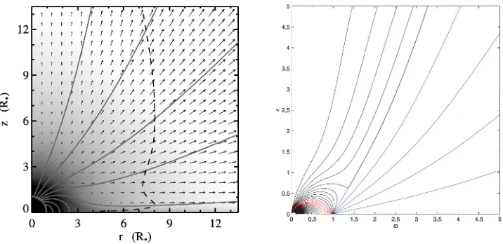 Figure 3. Left panel. Example of a simulation of an isolated stellar wind (i.e. without the presence of a cir-cumstellar disk) employed by [29, 30] to parametrize the stellar wind torque
