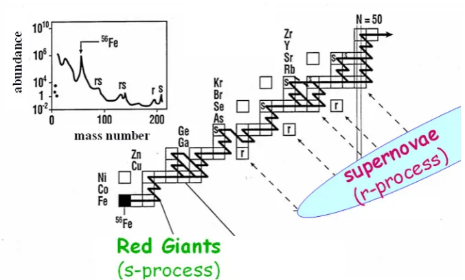 Figure 1. Illustration of the main neutron-capture processes responsible for the formation of the nuclei between iron and the actinides.average