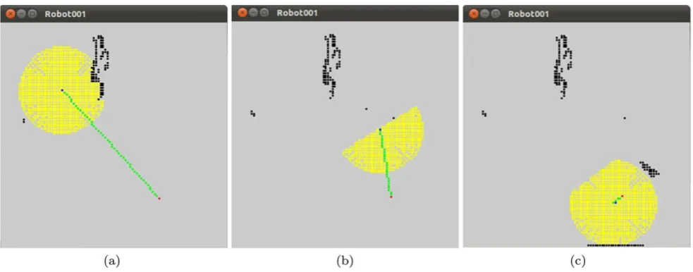 Fig. 7 Real experiment with two robots, with the real path, the initial position (circle), the goal (cross), and obstacles