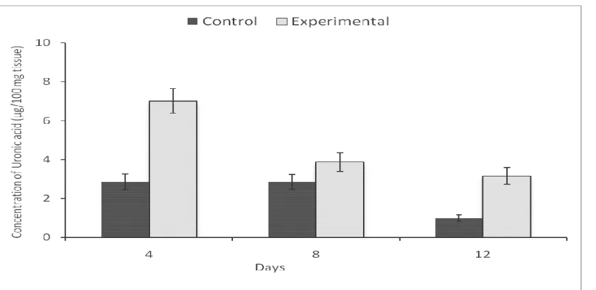 Fig 3.  Effect of paste prepared from T. chebula and T. belerica on uronic acid content (µg/100 mg tissue) in granulation tissue taken from induced wound of rabbits following consecutive daily application @500 mg in rabbits on different days (n=5)