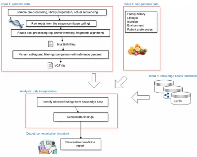 Figure 1 Data flow in personalized medicine.Abbreviations: BAM, binary alignment/map (compressed sequence information of individual DNA fragment aligned to the reference sequence); VCF, variant call file (list of differences from the reference sequence).