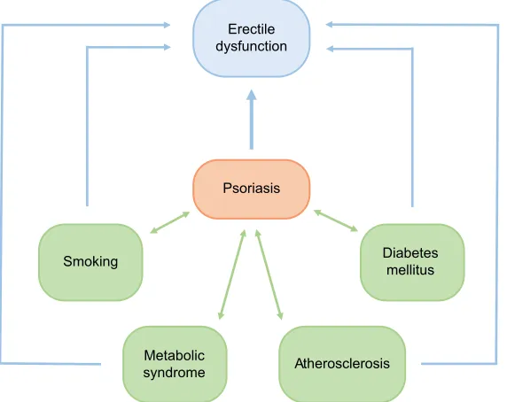Figure 1 Association between erectile dysfunction, psoriasis, and comorbidities.Notes: Blue arrows: independent association