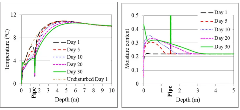 Fig. 2 Predicted vertical variations in soil temperature and moisture