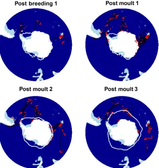 Fig. 6. For adult male seals, the distribution of area- restricted search (red dots) and transit (black dots) in 