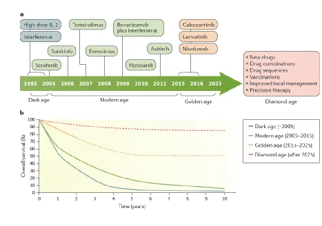 Figure 7. Therapeutic evolution and survival outcome of metastatic ccRCC through the four 