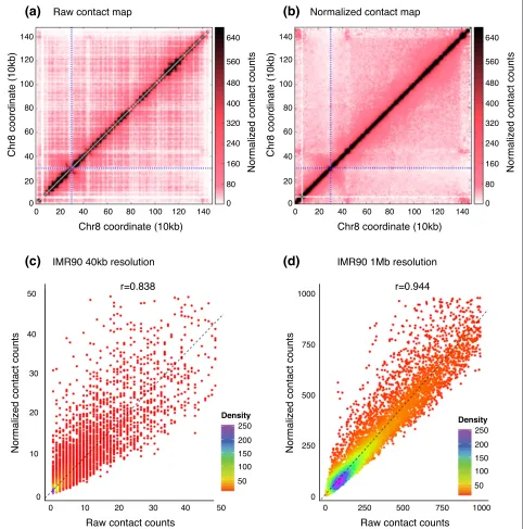 Fig. 2 Impact of normalization on Hi-C contact maps.counts before (x-axis) and after (y-axis) normalization of Hi-C data from the human cell line IMR90 [15] at two different resolutions