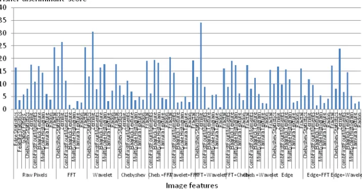 FIG. 4. (Color online) Fisher discriminant scores of the different groups of 2D numerical content descriptors used in the computer analysis of thespectrograms.