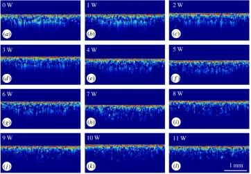Figure 7. OCT cross-sectional structural images of areas with different loose powder density caused by shifting laser energy:(a) area with no laser melting, (b) area with 6 W, (c) no laser interaction and 6 W side-by-side