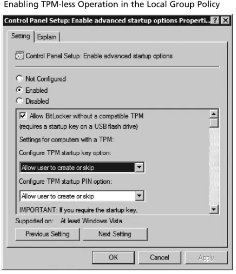 Figure 5.11  Enabling TPM-less Operation in the Local Group Policy
