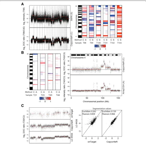 Figure 2 CopywriteR compares to dedicated copy number detection methods. (A) Six PDX-derived human melanoma were subjected toWES and analyzed on SNP6 arrays