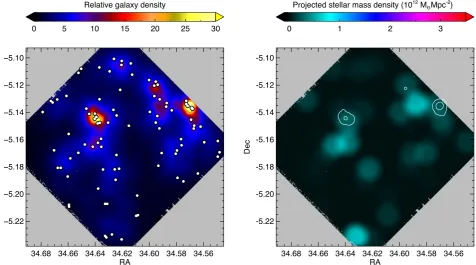 Figure 3. Left: the 2D distribution of the galaxy density in the control ﬁeld. The white circles mark the location of the galaxies and the background colourscale indicates the relative galaxy density determined by the cumulative distance to the ﬁve nearest