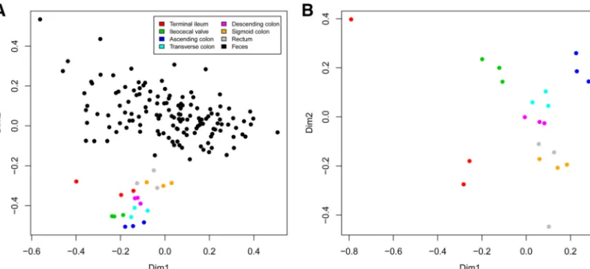 FIG 1 Nonmetric multidimensional scaling (NMDS) plots of fecal and biopsy sample-based Bray-Curtis distances computed from therelative abundances of the 258 most prevalent OTUs