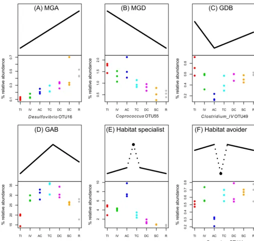 FIG 3 Examples of the six general categories of spatial structure observed along the GI tract