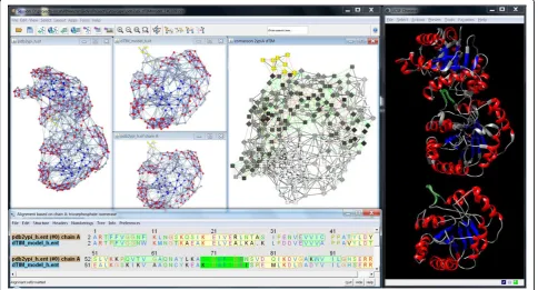 Figure 4 Side-by-side views versus comparison network view. The location of a set of residues is highlighted at the same time in all views,from left to right, the RIN of the 3D structure of scTIM, the RIN of the model of dTIM as generated by the SQWRL web 