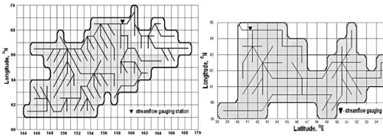 Figure 1. Schematization of the Kolyma (left panel) and the Northern Dvina (right panel) river basins.