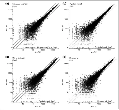 Figure 1Normalized average difference (Avg Diff) of one pair of replicate arrays for each experimental condition in a logshocked 10 scale