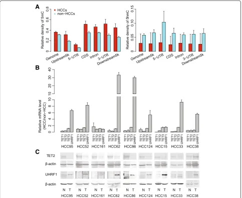 Figure 1 The relative density of 5mC and 5hmC within genomic regions. (A) The relative density indicates the ratio between 5mC or 5hmC andall inspected ‘CCGG’ sites within each genomic region