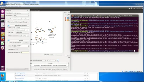 FIG 5 Screenshot of the Microbiome Helper virtual image. The screenshot illustrates the Ubuntu-based Microbiome Helper virtual image running within aWindows 7 operating system with both a terminal window for command-line access and the graphically based STAMP visualization and statistics tool.